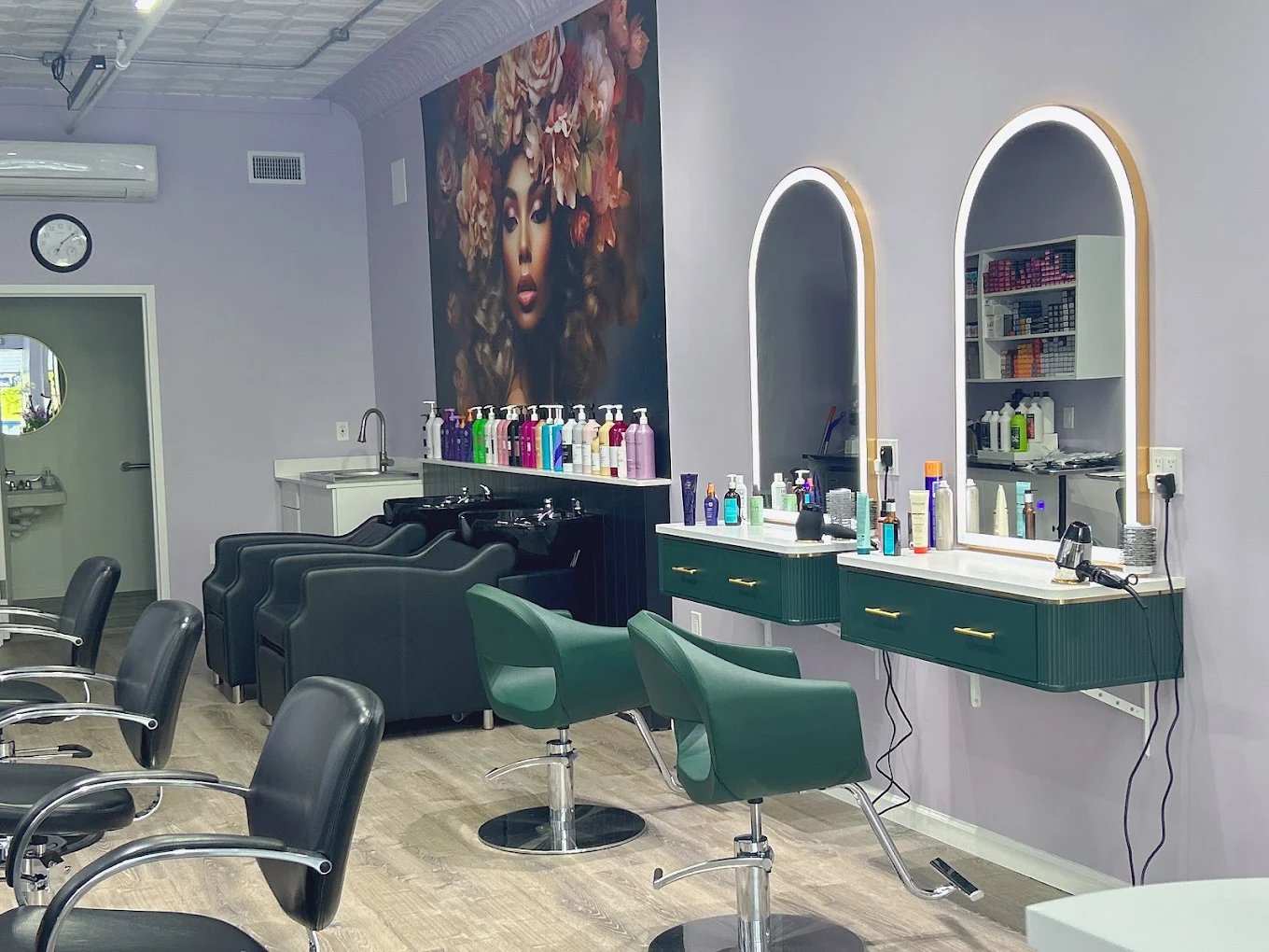 Styling stations with arched lit mirrors
