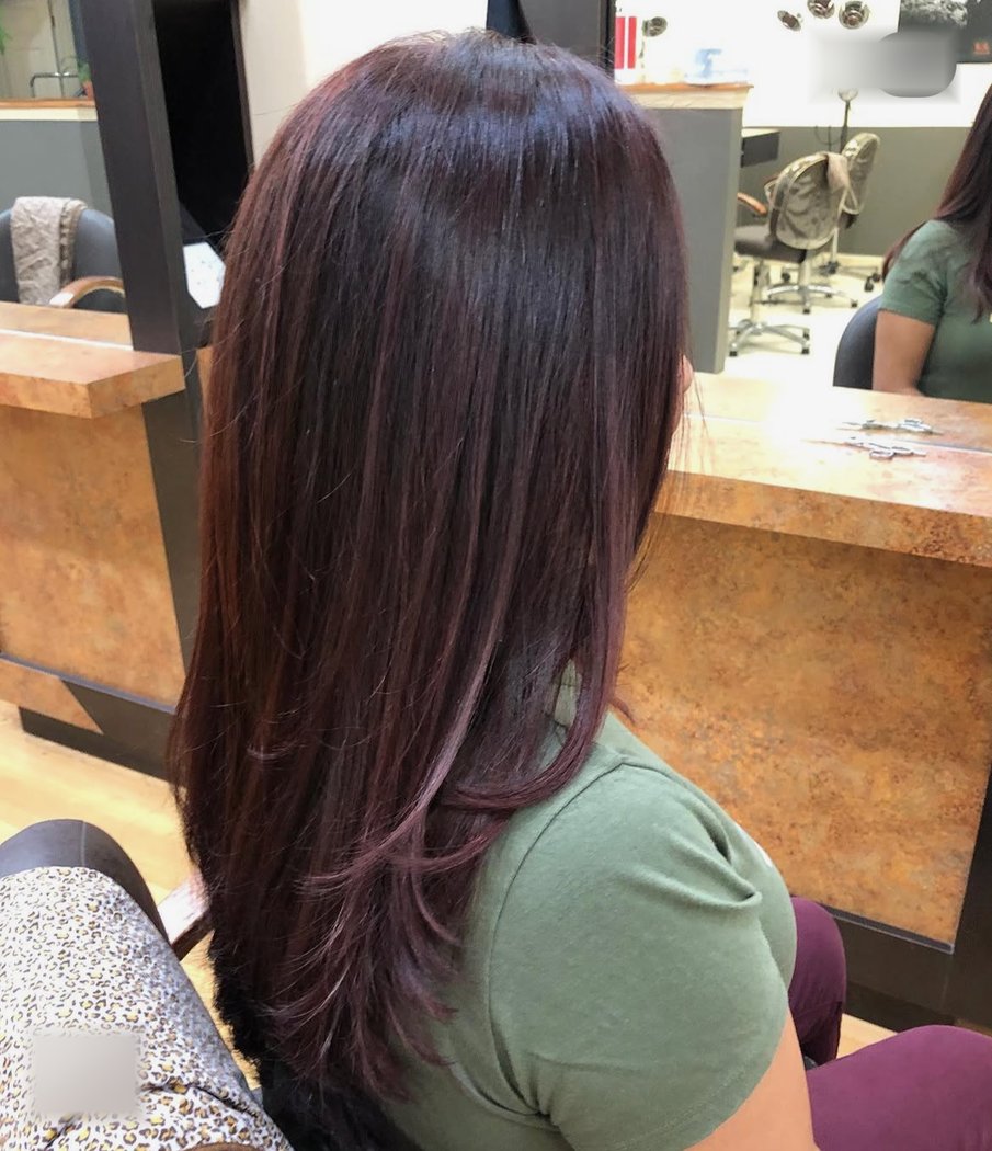 Rich red-violet hair color by Hair Express on Broadway, Tarrytown NY