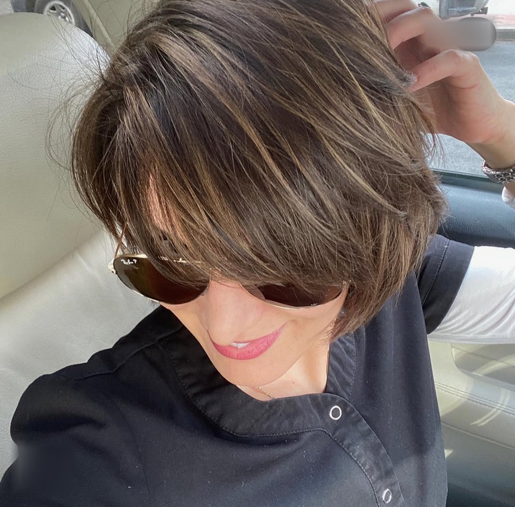 Layered brunette cut with highlights, Hair Express on Broadway, Tarrytown NY