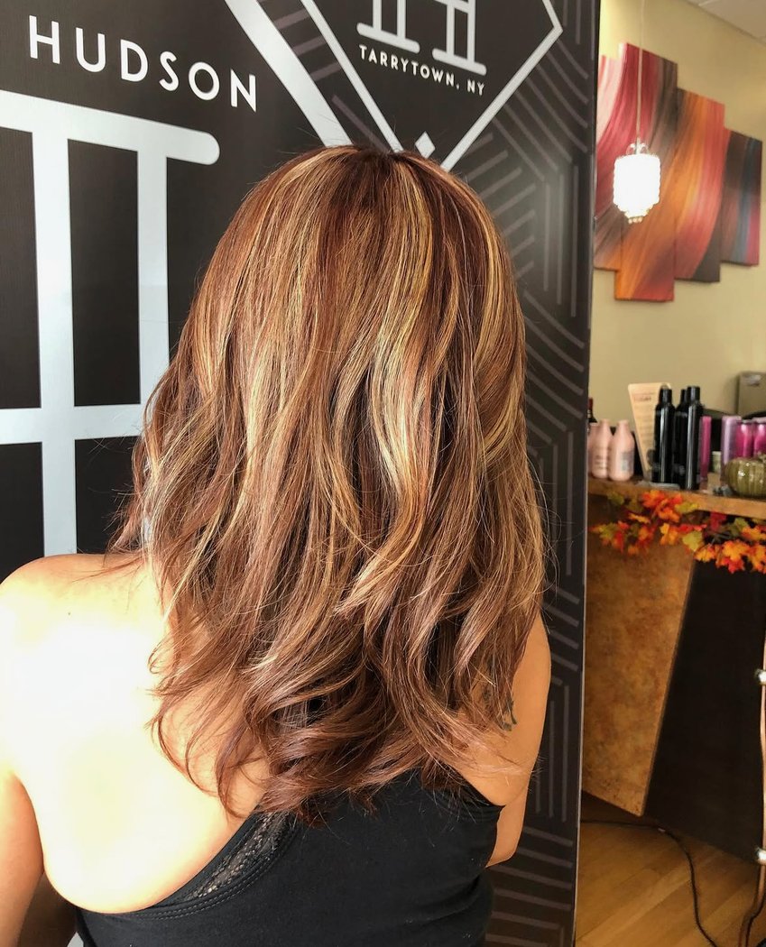 Copper base color with caramel highlights, Hair Express on Broadway, Tarrytown NY